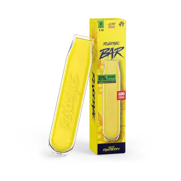 Revoltage Yellow Raspberry Nikotinfrei Produktbild Vape mit Verpackung