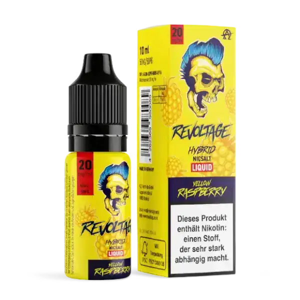 Revoltage Yellow Raspberry E-Liquid 20mg Produktbild mit E-Liquid und Verpackung