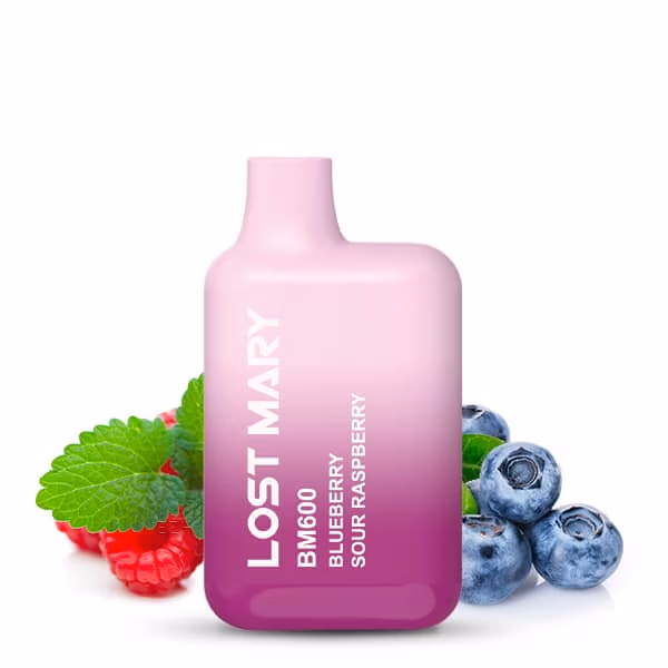 Lost Mary Blueberry Sour Raspberry Produktbild mit Blaubeeren und Himbeeren im Hintergrund