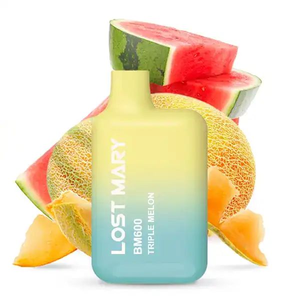 Lost Mary Triple Melon Produktbild mit verschiedenen Melonen im Hintergrund