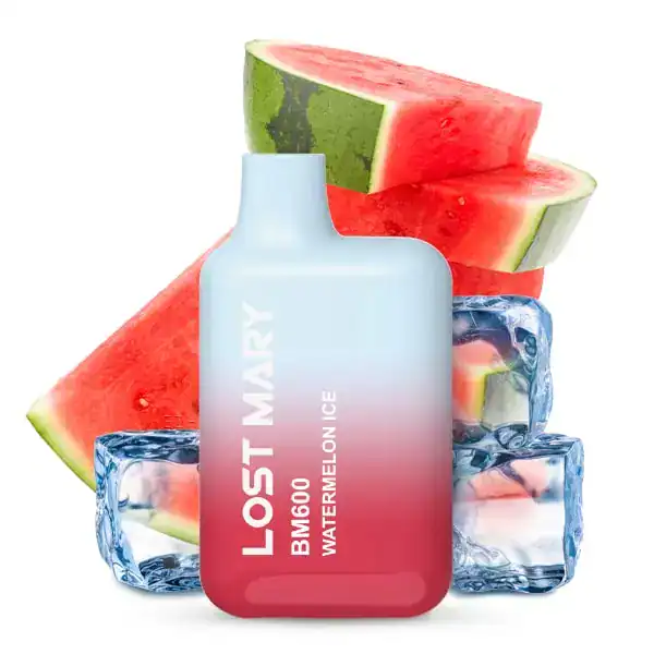 Lost Mary Watermelon Ice Produktbild mit dem abgebildeten Produkt im Vordergrund und im Hintergrund Wassermelone und Eiswürfel