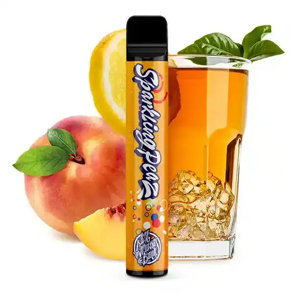 187 Sparkling Peaz Produktbild mit Eistee und Pfirsich im Hintergrund