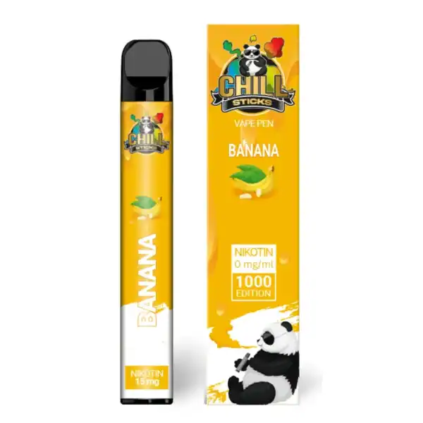 Bild mit Chillsticks Banana nikotinfrei im Hintergrund ist die Verpackung.