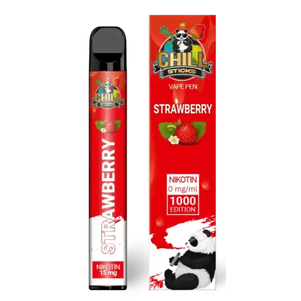 Bild mit Chillsticks Strawberry nikotinfrei im Hintergrund ist die Verpackung.