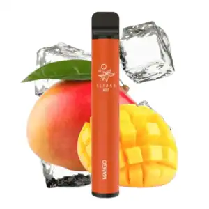 Bild mit Elfbar 600 Mango Ice Nikotinfrei im Hintergrund sind Mangos mit Eiswürfel.