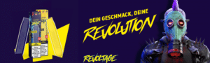 Bild mit Revoltage Vapes Nikotinfrei im Hintergrund sind Vapes und der Revoltage Mann.