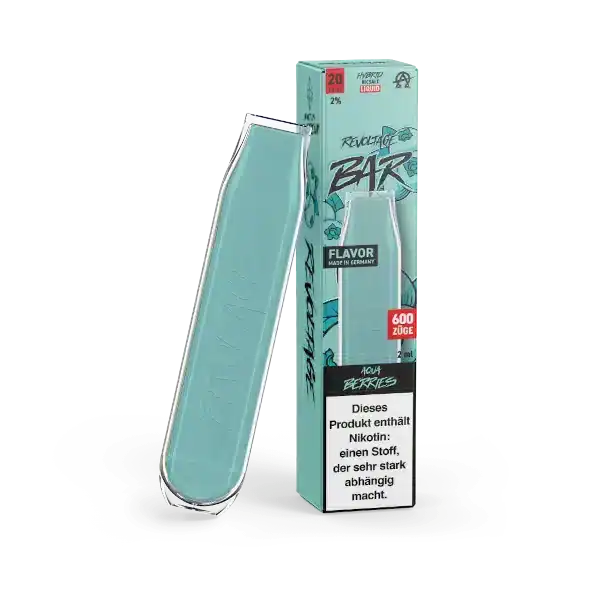 Bild mit Revoltage Aqua Berries Nikotinfrei im Hintergrund ist die Verpackung.