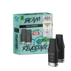 Bild mit Revoltage Aqua Berries Pods Nikotinfrei im Hintergrund ist die Verpackung.