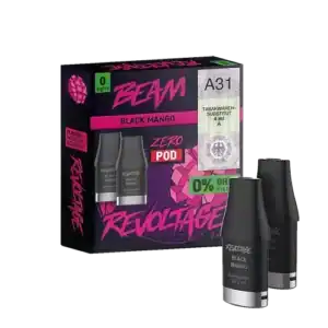 Bild mit Revoltage Black Mango Pods Nikotinfrei im Hintergrund ist die Verpackung.
