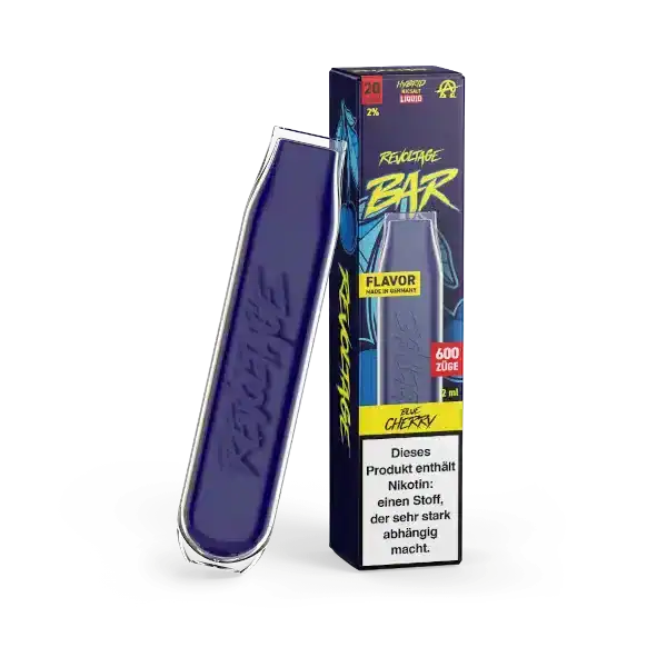 Bild mit Revoltage Blue Cherry Nikotinfrei im Hintergrund ist die Verpackung.