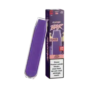 Bild mit Revoltage Purple Peach Nikotinfrei im Hintergrund ist die Verpackung.