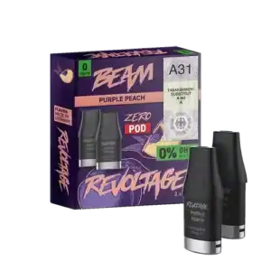 Bild mit Revoltage Purple Peach Pods Nikotinfrei im Hintergrund ist die Verpackung.
