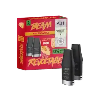 Bild mit Revoltage Red Pineapple Pods Nikotinfrei im Hintergrund ist die Verpackung.