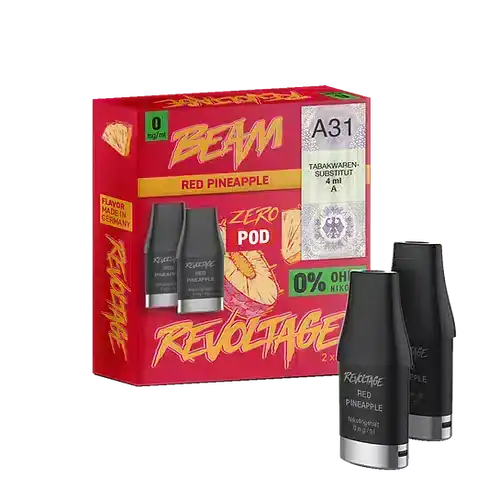 Bild mit Revoltage Red Pineapple Pods nikotinfrei im Hintergrund ist die Verpackung.