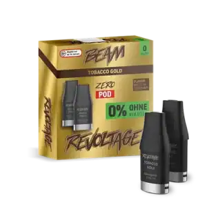 Bild mit Revoltage Tobacco Gold Pods Nikotinfrei im Hintergrund ist die Verpackung.