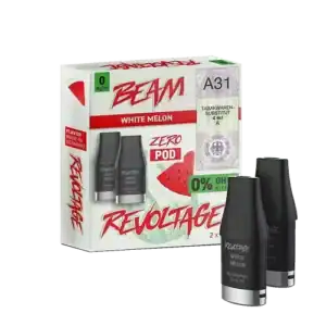 Bild mit Revoltage White Melon Pods Nikotinfrei im Hintergrund ist die Verpackung.