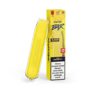 Bild mit Revoltage Yellow Raspberry Nikotinfrei im Hintergrund ist die Verpackung.