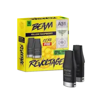 Bild mit Revoltage Yellow Raspberry Pods Nikotinfrei im Hintergrund ist die Verpackung.