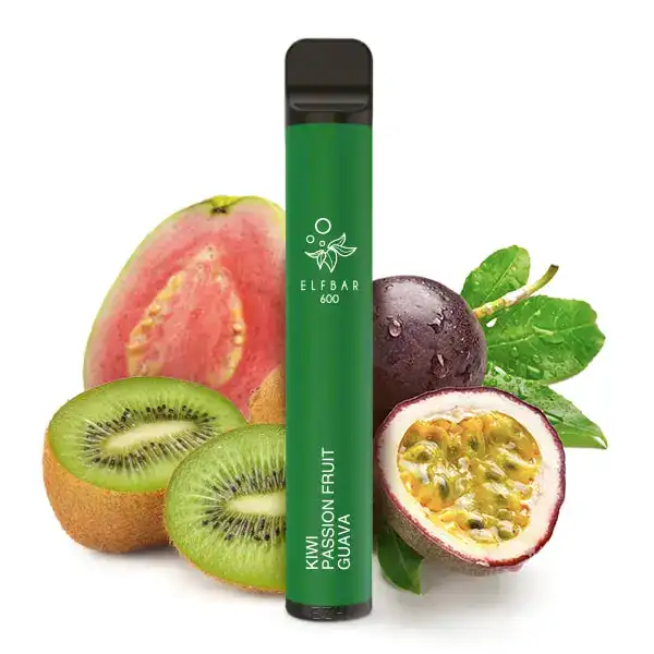 Bild mit Elfbar 600 Kiwi Passion Fruit Guava Nikotinfrei im Hintergrund sind Kiwis und Passionsfrucht.