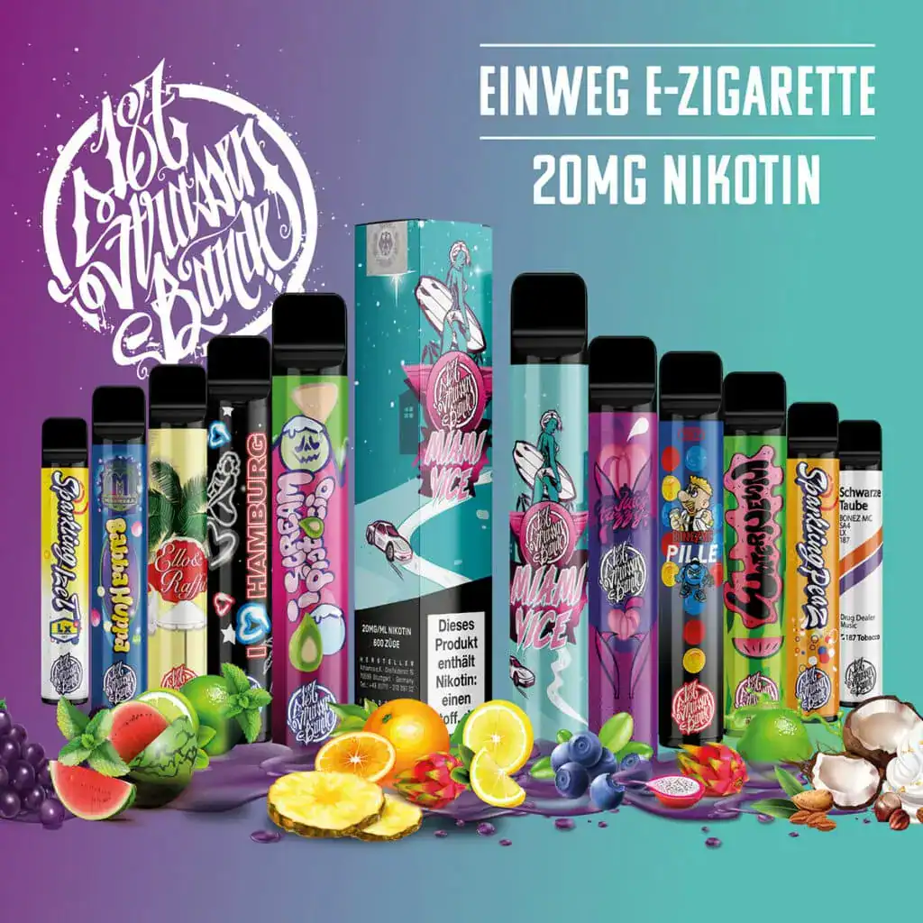 Bild mit 187 Vapes im Hintergrund sind Früchte und die Marke 187 Strassenbande.