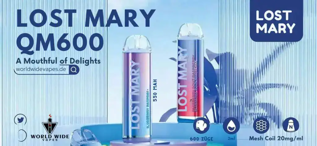 ost Mary QM600 E-Zigarette mit einer Kapazität von 550mAh und 600 Zügen, erhältlich in verschiedenen Geschmacksrichtungen, dargestellt vor einem modernen, blauen Hintergrund mit E-Liquid- und Mesh-Coil-Details.