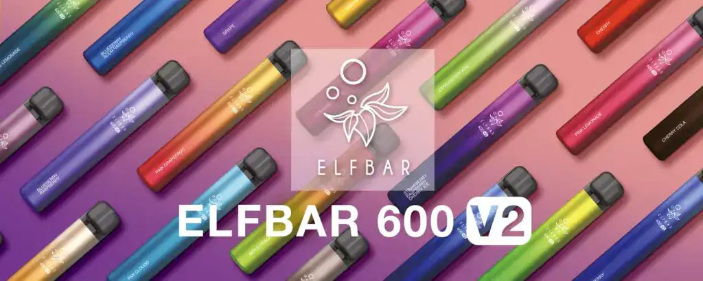 Elfbar 600 V2 Vape Sticks in verschiedenen Farben und Aromen, darunter Blueberry Raspberry, Strawberry Kiwi, Pink Grapefruit, Cherry Cola und viele mehr auf einem bunten Hintergrund.