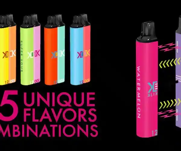 xklusive XEK E-Zigaretten in verschiedenen Geschmacksrichtungen, darunter Aloe Grape, Super Sour und Watermelon, mit einer Anzeige von 55 einzigartigen Geschmacksrichtungen.