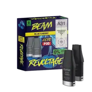 Bild mit Revoltage Pods Blue Cherry nikotinfrei im Hintergrund ist die Verpackung.