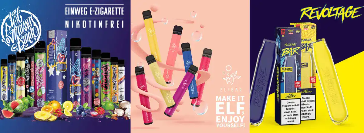 Bild mit E-Zigaretten nikotinfrei im Hintergrund sind die Marken.