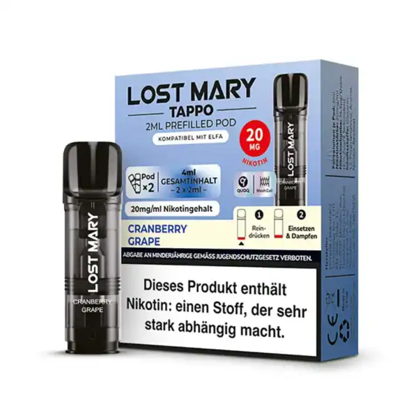 Bild mit Lost Mary Pods Cranberry Grape im Hintergrund ist die Verpackung.