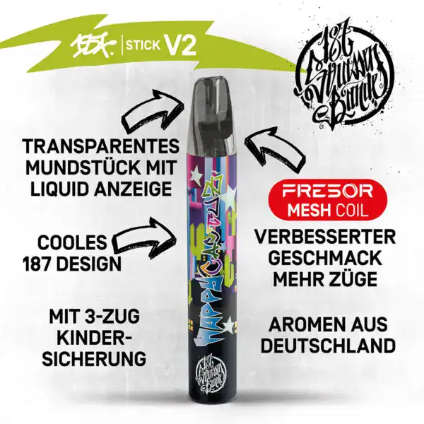 Stick V2 von 187 Design mit transparentem Mundstück und Liquid-Anzeige, ausgestattet mit Fresor Mesh Coil Technologie für verbesserten Geschmack und mehr Züge. Das Design zeigt das coole 'Happy Crystal' Motiv und bietet eine kindersichere 3-Zug-Sicherung. Aromatisiert mit Aromen aus Deutschland.
