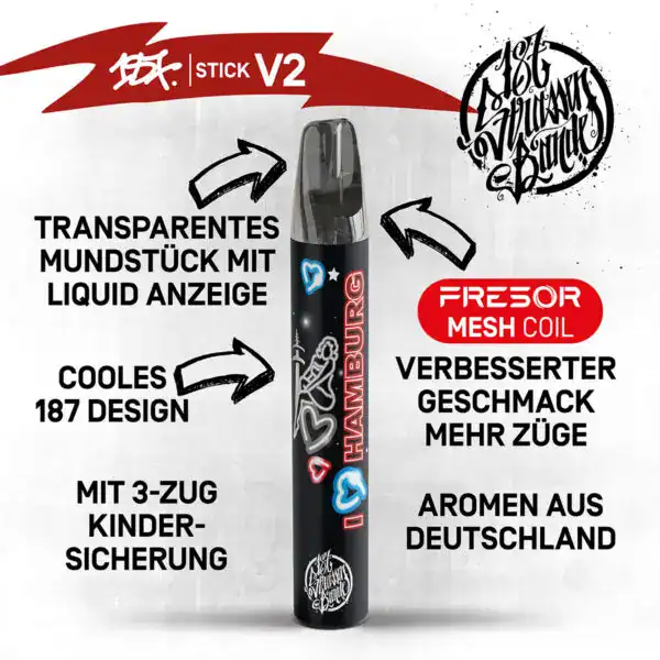 Stick V2 von 187 Design mit transparentem Mundstück und Liquid-Anzeige, ausgestattet mit Fresor Mesh Coil Technologie für verbesserten Geschmack und mehr Züge. Das Design zeigt das 'I ♥ Hamburg' Motiv und bietet eine kindersichere 3-Zug-Sicherung. Aromatisiert mit Aromen aus Deutschland.