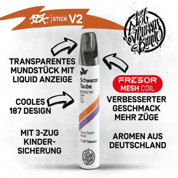 Stick V2 von 187 Design mit transparentem Mundstück und Liquid-Anzeige, ausgestattet mit Fresor Mesh Coil Technologie für verbesserten Geschmack und mehr Züge. Das Design zeigt den Schriftzug 'Schwarze Taube' und eine orange-lila Farbgebung. Das Produkt verfügt über eine kindersichere 3-Zug-Sicherung und Aromatisierung mit Aromen aus Deutschland.