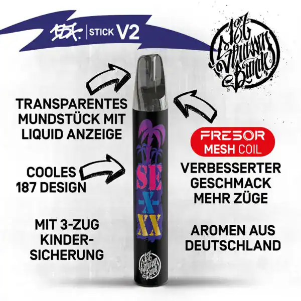 Stick V2 von 187 Design mit transparentem Mundstück und Liquid-Anzeige, ausgestattet mit Fresor Mesh Coil Technologie für verbesserten Geschmack und mehr Züge. Das Design zeigt den Schriftzug 'SEX' und Palmen, ergänzt durch eine kindersichere 3-Zug-Sicherung. Aromatisiert mit Aromen aus Deutschland.