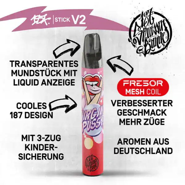 Stick V2 von 187 Design mit transparentem Mundstück und Liquid-Anzeige, ausgestattet mit Fresor Mesh Coil Technologie für verbesserten Geschmack und mehr Züge. Das Design zeigt den Schriftzug 'VIRGIN PUSSY' und ein auffälliges grafisches Design mit Kussmund. Das Produkt verfügt über eine kindersichere 3-Zug-Sicherung und Aromatisierung mit Aromen aus Deutschland.