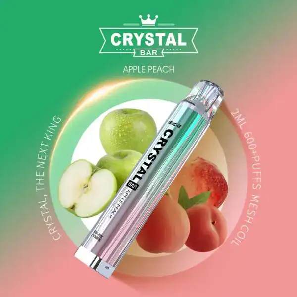 Crystal Bar Vape in der Geschmacksrichtung Apple Peach mit 2ml Liquid und über 600 Zügen. Der Vape-Stick zeigt sich in einem transparenten Gehäuse und einer auffälligen Farbgestaltung, die die Aromen von grünem Apfel und Pfirsich widerspiegelt.