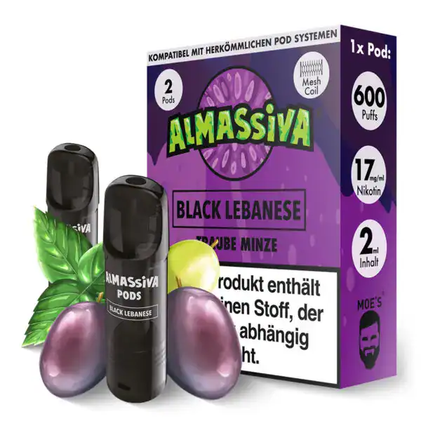 "Almassiva Pods Black Lebanese Traube Minze, 600 Züge, 17mg Nikotin, 2ml Inhalt, Mesh-Coil, erfrischender Geschmack von Traube und Minze, kompatibel mit herkömmlichen Pod-Systemen.