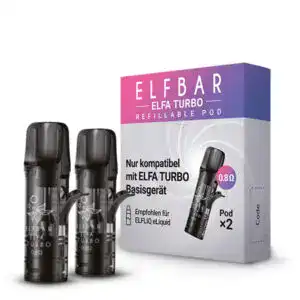 Elfbar Elfa Turbo Refillable Pod Kit Packung mit zwei Pods, kompatibel mit dem Elfa Turbo Gerät, empfohlen für Elfbar ELiquid, Verpackung mit detaillierter Produktbeschreibung auf einem klaren Hintergrund.