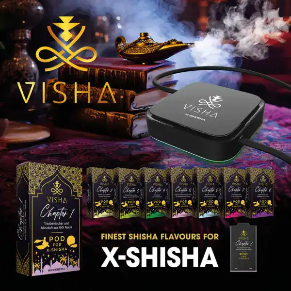 Visha X-Shisha Set mit eleganter Shisha-Pod-Verpackung und geschmackvollen Aromen. Enthält 'Visha Chapter 1' mit Traubenzucker und Minzgeschmack, ideal für die Verwendung mit X-Shisha.