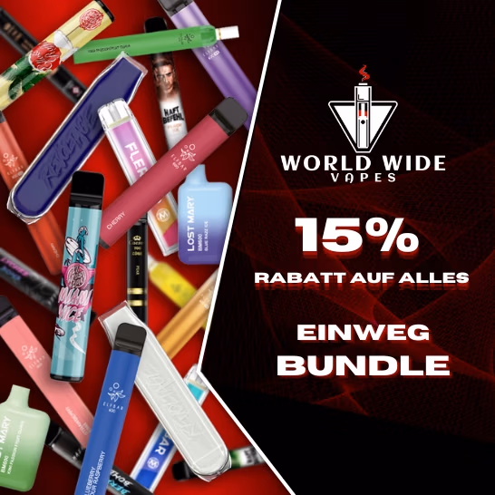 Werbung für 'WORLD WIDE VAPES' mit 15% Rabatt auf Einweg E-Zigaretten-Bundles. Abgebildet sind 'LOST MARY', 'ELFBAR', 'FLEECE' und 'RAZE' Einweg E-Zigaretten in verschiedenen Farben und Designs.