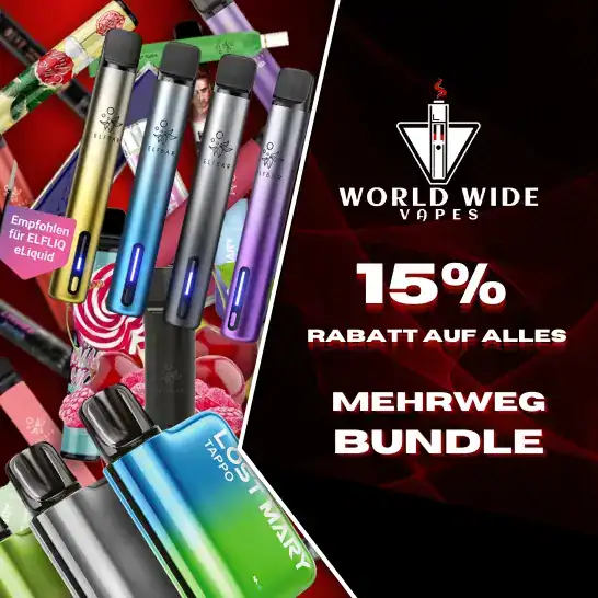 Werbung für 'WORLD WIDE VAPES' mit 15% Rabatt auf Mehrweg E-Zigaretten-Bundles. Abgebildet sind 'ELFBAR'-Vapes in verschiedenen Farben und 'LOST MARY'-Vapes im Regenbogenfarben-Design, empfohlen für ELFLIQ eLiquids.