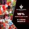 Werbung für 'WORLD WIDE VAPES' mit 15% Rabatt auf E-Liquids, die verschiedene Geschmacksrichtungen wie Strawberry Kiwi, Black und Watermelon zeigen. Abgebildet sind E-Liquid Flaschen und ein E-Liquid Bundle Angebot.
