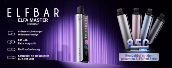 Elfbar ELFA Master Box, Basisgeräte in verschiedenen Farben und kurze Produktdetails auf einem Blick