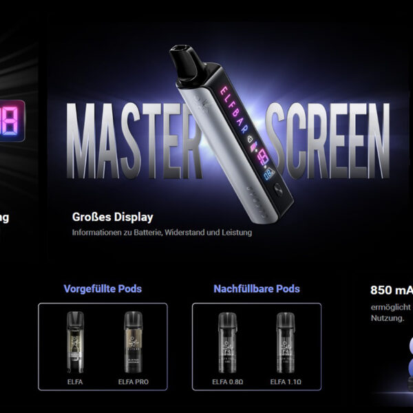 Elfbar ELFA Master Banner mit Technischen Details des Basisgeräts