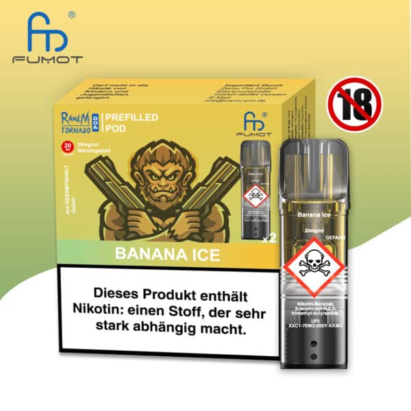 RandM Tornado Pods Banana Ice: Gelber Pod mit Bananen-Ice-Geschmack, Logo und 20mg Nikotin, umgeben von Bananenscheiben.