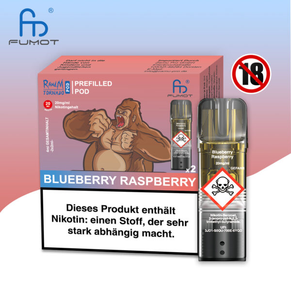 RandM Tornado Pods Blueberry Raspberry: Pinker Pod mit Blaubeer-Himbeer-Geschmack, Logo und 20mg Nikotin, umgeben von Blaubeeren und Himbeeren.