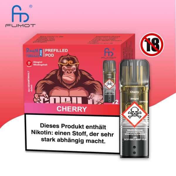 RandM Tornado Pods Cherry : Roter Pod mit Kirsch-Geschmack, Logo und 20mg Nikotin, umgeben von Kirschen Spritzern.