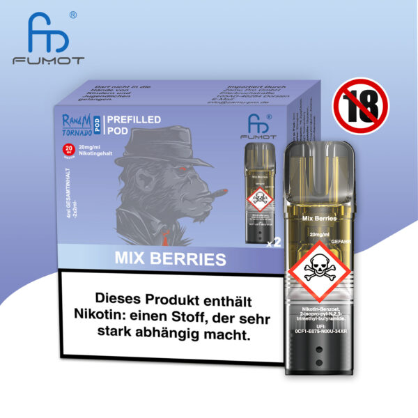 RandM Tornado Pods Mix Berries: Blauer Pod mit gemischtem Beeren-Geschmack, Logo und 20mg Nikotin, umgeben von verschiedenen Beeren.