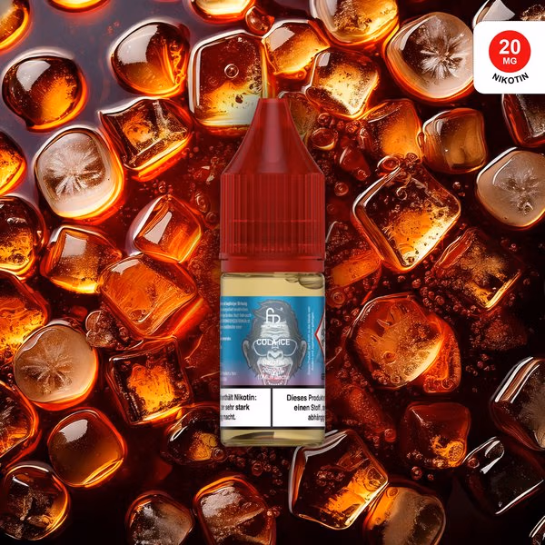 Flasche RandM Tornado Liquid Cola Ice 20 mg/ml vor Cola-Glas mit Eiswürfeln – E-Liquid mit kühlem Cola-Geschmack