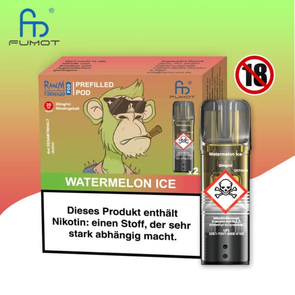 RandM Tornado Pods Watermelon Ice: Grüner Pod mit Wassermelonen-Ice-Geschmack, Logo und 20 mg Nikotin, umgeben von Wassermelonenscheiben.